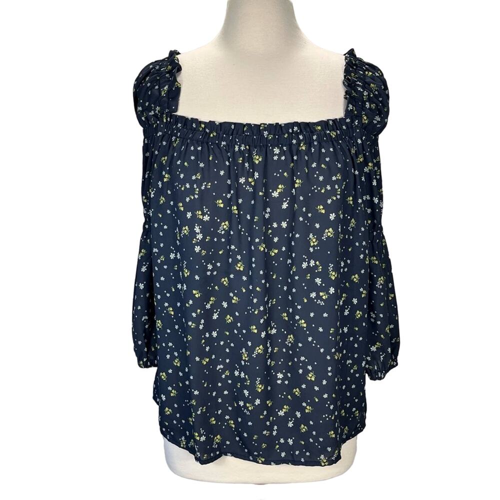 CECE Navy Blue Long‎ Puffy Sleeve Ditsy Floral Cottagecore Blouse Top Sz Medium